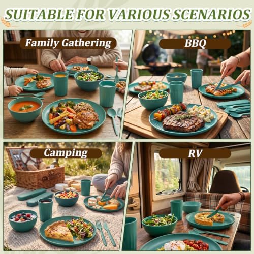 PYRMONT Wheat Straw Plates and Bowls Sets Unbreakable Dishes(28pcs,Green)