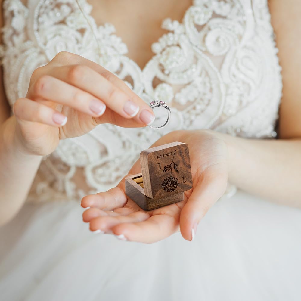 Custom Engraving Ring Gift Box Wooden Presentation Jewelry Box Case with 3 Ring Slots for Proposal Engagement Wedding Ceremony Birthday Gift