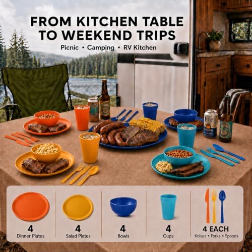 28 Piece Plates and Bowls Sets for 4, Kitchen Dinnerware Sets, Plastic