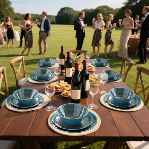 Melamine Dishes Set for 4, Kitchen Plates and Bowls Set, Rust Blue
