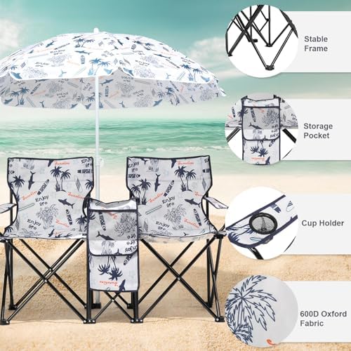 Outvita Folding Double Camping Chair w/Umbrella, Cooler for Beach Patio L