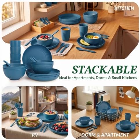 Wheat Straw Dinnerware Sets, Homienly 20pcs Unbreakable Microwave Dishwasher Safe Tableware Lightweight Bowls, Cups, Plates Set Reusable Dinner Plates Bowls set (Blue)
