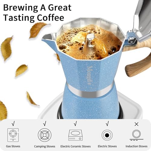 Mongdio Stovetop Espresso Maker Moka Pot, Cuban Coffee Maker Stove top coffee maker Moka Italian Espresso Greca Coffee Maker Brewer Percolator, 9 Espresso Cups, 15 oz - Blue