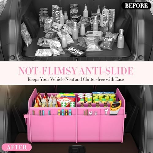 titiyiof Trunk Organizer For Suv & Sedan,Car Organizers and Storage, Waterproof Collapsible & Adjustable Straps,70L Sturdy Car Organization for Car Accessories, Tools,Sundries,2-3 Compartment(Pink