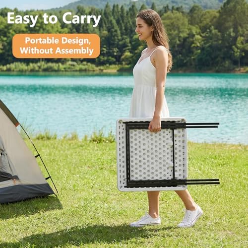 27'' Square Folding Table, Foldable Table No Assembly 400lbs Weight Capacity, Heavy Duty Portable Picnic Card Table for Camping, Patio, Dining, Indoor, Outdoor(White)