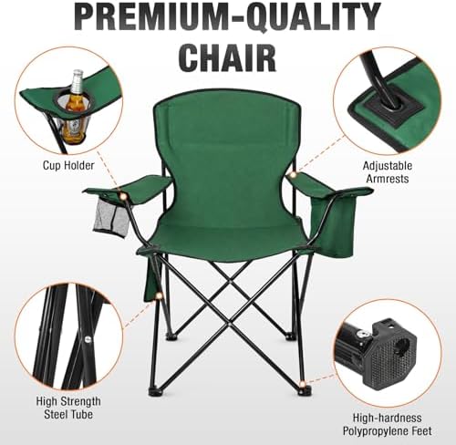 2-Pack Heavy Duty Camping Chairs, 400 LBS Capacity Folding Outdoor Chair with Cooler Bag & Cup Holder, Oversized Portable Lawn Chair for Camping, Fishing, Tailgating, Beach (Green)