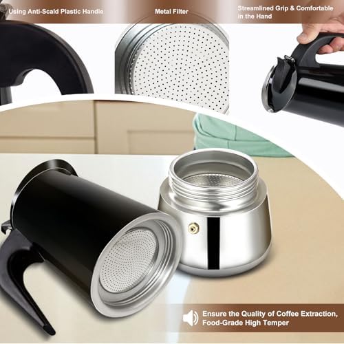 4 Cup Stovetop Espresso Maker Stainless Steel Moka Pot Stove Top Percolator Italian Coffee Makers Capable Mocha Greca Machine Cafe Classic Induction Cookers for Home and Camping 200ml 6.6oz
