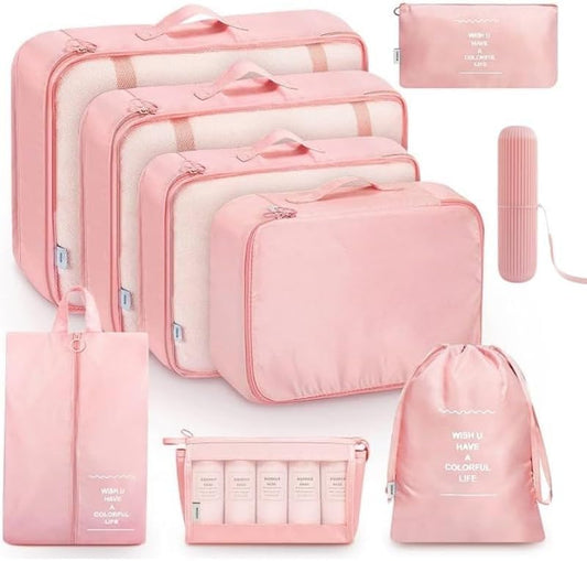 9 Set Packing Cubes for Suitcases, Aydicon Travel Luggage Packing Organizers with Laundry, Toiletry Bag, Compression Storage Shoe Bag, Toothbrush Case, Travel Essentials (Pink)