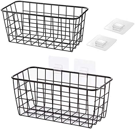 2 Set Hanging Wall Basket Organizer Over the Cabinet Door Wire Baskets for Organizing -No Drilling Adhesive Wall Storage Basket, Space-Saving Hanging Baskets for Organizing Wall Mount Storage,Black