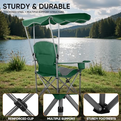 Northroad Folding Camping Chairs with Canopy Shade, Beach Chair w/Cup Holders, Armrests & Carry Bag for Outdoors Travel Sports Fishing, Green