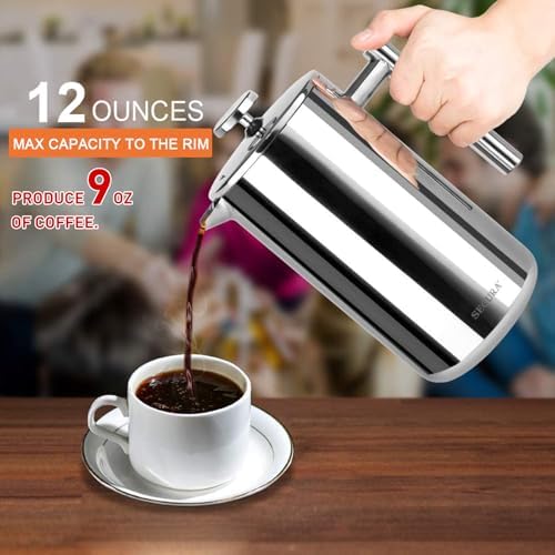Secura French Press Coffee Maker, 304 Grade Stainless Steel Insulated Coffee Press with 2 Extra Screens, 12oz (0.35 Litre), Silver