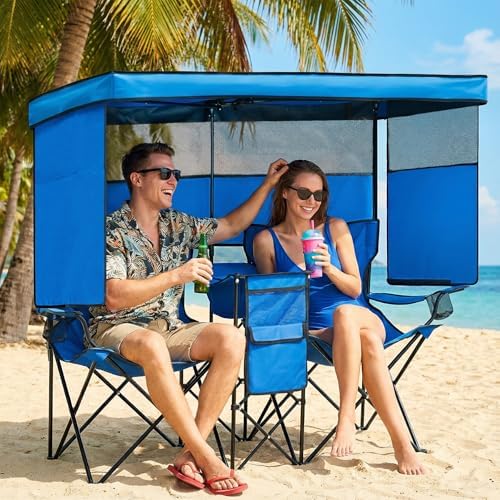 Double Beach Chair with Canopy Shade Oversized Camping Chairs with Canopy, Cooler Bag & Cup Holder Folding Loveseat for Camp Fishing Beach