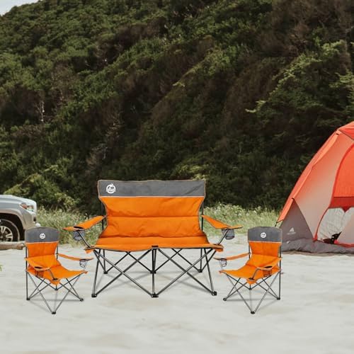 Northroad Outdoor Camping Chair Set of 3,Folding Padded Camp Chair w/1 Sofa,2 Single Chairs,Collapsible Conversation Set for Family Patio, Beach(Orange)
