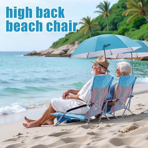 Folding Beach Chair with Umbrella for Adults, 2 Pack Portable Low Beach Chairs with 300lbs Capacity, Lightweight Fodable Camping Chair for Travel, Picnic, Concert & Outdoor Activities, Blue-Pink
