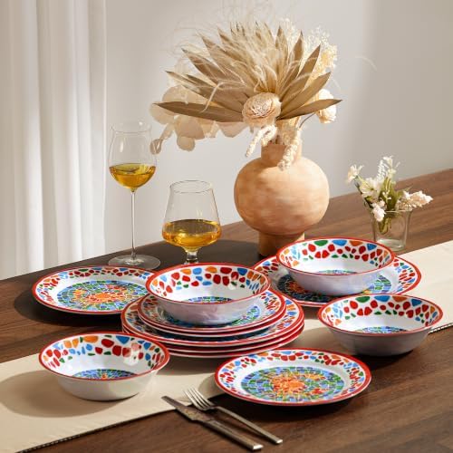Melamine Dinnerware Set, 12 Pcs Dishware Sets, Plate and Bowl Set for 4