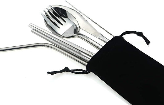7 Pcs Portable Flatware Set, 304 Stainless Steel Cutlery Set Travel Utensils Set w/Pouch Fork Spoon Chopsticks Straws for Travel Camping Office School, Dishwasher Safe & Eco-Friendly (Silver)