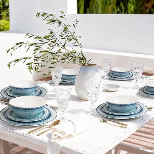 AELS Melamine Dinnerware Set of 18 Pcs Dinner Dishes Set, Lightweight Unbreakable for Indoor and Outdoor Use, BPA Free, Dishwasher Safe, Light Blue