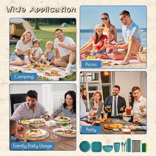 66 Pcs Wheat Straw Dinnerware Sets, Unbreakable Dinnerware Set, Reusable Wheat Straw Plates and Bowls Set for 6, Camping Mess Kit for Travel,Camping Essentials,Picnic,Home,Party