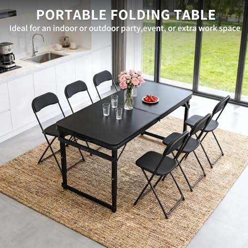 Folding Camping Table, Black Aluminum Frame,3-Position Adjustable Height,Lightweight Carry Handle, Portable for Travel, Camping Outdoor Use, 4FT x 2FT(Large), Black