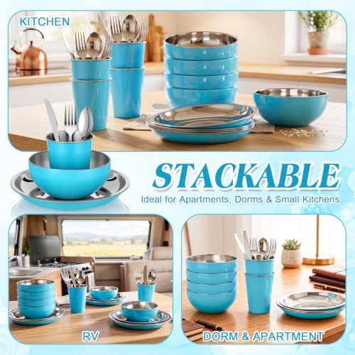 Jinei 24 Pcs Stainless Steel Camping Dinnerware Set for 4,Blue