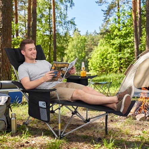 Romswi 2Pack 4-Position Reclining Camping Chair with Removable Footrest, 2-in-1 Adjustable Portable Lounge Chair with Cooler Bag, Cup Holder, Side Pockets & Carry Bag for Outdoor, Black