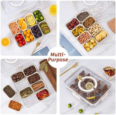 Dingerjar Divided Serving Tray with Lid and Handle - Divided Snack Tray for Portable Snack Platters - Clear Organizer for Candy, Fruits, Nuts, Snacks - Perfect for Party, Entertaining,2 pcs