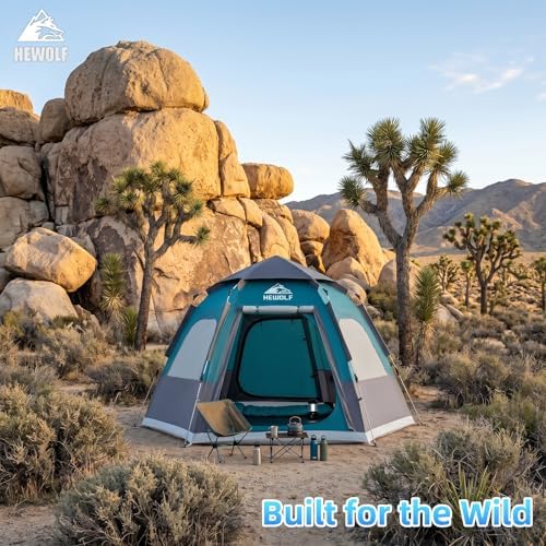 Hewolf 2/3/4 Person Camping Tent - Instant Pop Up Waterproof 2 Doors Tent with Easy Setup | 3-Season Hexagonal Dome Design for Family, Hiking & Traveling