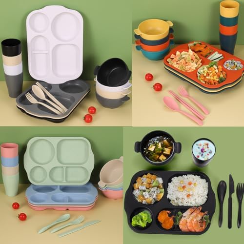 24 Pcs Wheat Straw Dinnerware Cutlery Sets,Unbreakable Divided Plates Bowls Cups Spoon Knife Fork for 4 People,Microwave Dishwasher Safe Tableware Cutlery for Party and Daily Use,Mix Color 3