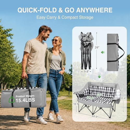 HOPERAN Double Camping Chair 800lbs Camping Couch Folding Loveseat, Grey