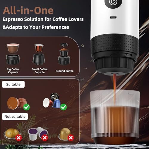 Portable Coffee Maker for Travel & Camping, Portable Espresso Maker with Bag, Rechargeable Cordless Battery Operated Coffee Makers for Ground Coffee, NS Capsule RV, Hiking, Office(White)