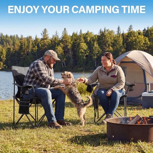 Oversized Camping Chair for Adults - 2 Pack Padded Lawn Chairs with Cup Holder & Side Pocket,Heavy Duty Folding Outdoor Chairs for Camp,Sports,Picnic,Beach,Black