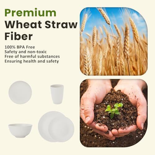 Homienly 40- Pieces Wheat Straw Dinnerware Set, Service for 8, Lightweight Roud Plates and Bowls Set, Unbreakable Dishes Set- Dinner Plates, Bowls, Cups,Microwave and Dishwasher Safe(White)