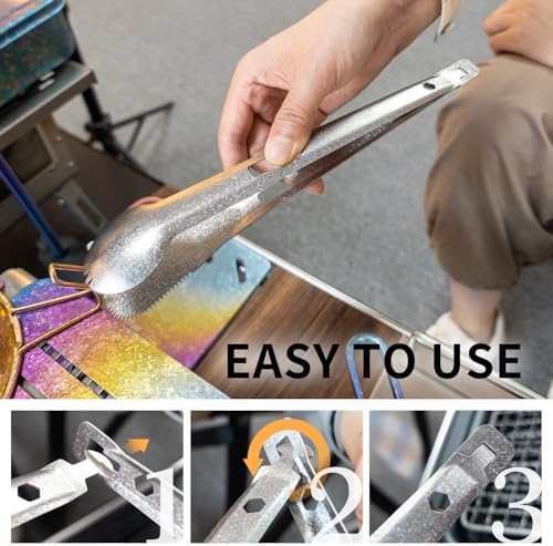 TiTo Titanium 4 in 1 Camping Cookware - Titanium BBQ Tongs, Spork, Knife and Spatula, Portable Lightweight Multi Tableware for Kitchen, Hiking, Backpacking, Outdoor Cooking, Travel, Picnics (Titanium)