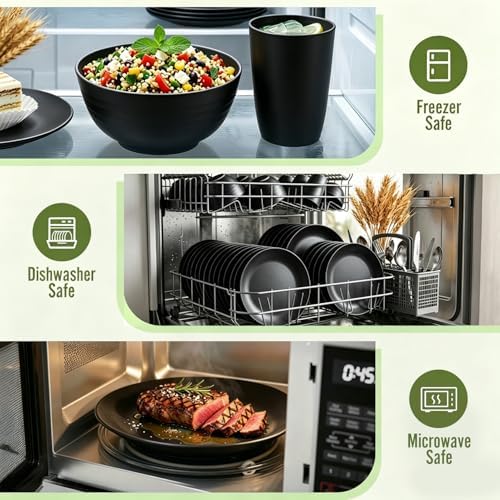 Kitchen Wheat Straw Dinnerware Set 40 PCS Dishes Sets for 8 Plastic Plates Reusable Dinner Plates Cereal Bowls Small Cups Dishwasher & Microwave Safe Unbreakable Dish Set for Picnic RV-Black
