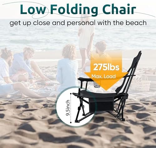 HaSteeL Low Beach Chairs, Folding Camping Lawn Chair for BBQ - Black