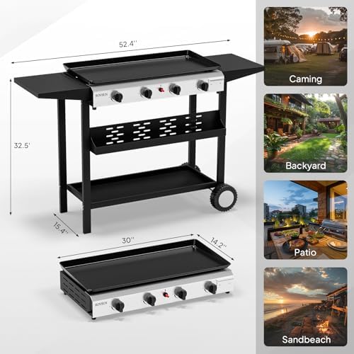 ROVSUN 4 Burner Portable Propane Griddle with Nonstick Enameled Tray, 40000 BTU Rolling Flat Top Gas Grill with Electronic Ignition, Side Shelves & Regulator for Outdoor Cooking Camping BBQ Tailgating