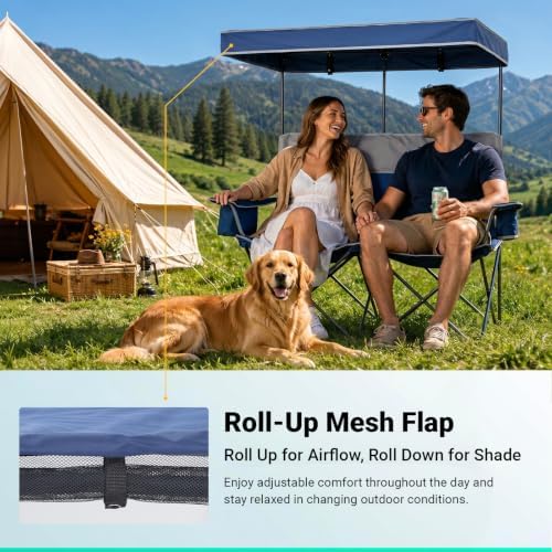 Overmont Camping Chair with Canopy- Folding Double Loveseat Chair with Adjustable Shade