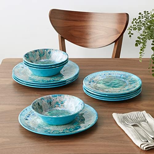 Radiance Teal 12pc Melamine Dinnerware Set – Service for 4 Plates and Bowls Set, Outdoor Dinnerware, Coastal Dishes, Unbreakable, Dishwasher Safe, Heavyweight Melamine, Rustic Look