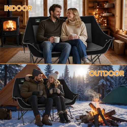 Northroad Heated Folding Loveseat Camping Chair Portable Double Duo Full Padded Garden Chair for 2 Person w/ 2 Cup Holder,Wine Glass Holder,Mesh Storage (Battery NOT Included)