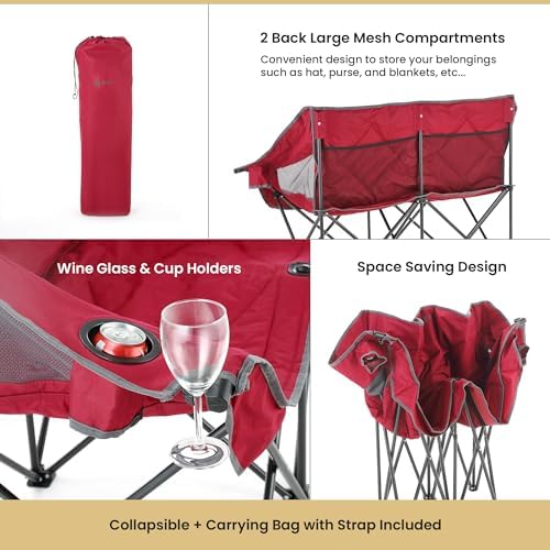 ARROWHEAD OUTDOOR Portable Folding Double Duo Camping Chair Loveseat w/ 2 Cup & Wine Glass Holder, Carrying Bag, Supports up to 500lbs