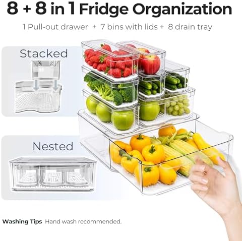 SMRCAD Clear Fridge Bins with Drain Trays - BPA-Free PET, Stackable (8)