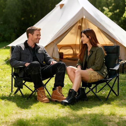 SUNW 2 Pack Folding Camping Chair, 300lbs Steel Frame Outdoor Chair with Cup Holder & Side Pocket for Camping Hiking Picnic Beach, Black