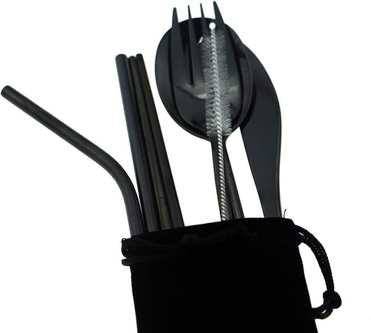 7 Pcs Portable Flatware Set, 304 Stainless Steel Cutlery Set Travel Utensils Set w/Pouch Fork Spoon Chopsticks Straws for Travel Camping Office, Dishwasher Safe (Black)