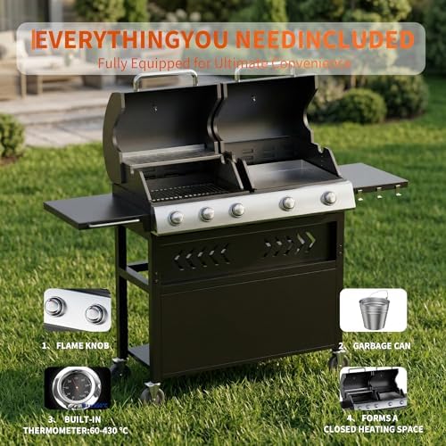 5-Burner Propane Gas Griddle – 40,000 BTU Convertible Flat Top Grill with Hood & Removable Cart – Portable for Camping, Tailgating, Backyard