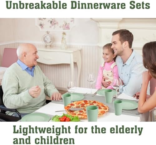 Camping Plates Cups and Bowls Set Green Reusable Microwave Safe Lightweight Unbreakable Plastic Dishes Set for Elderly Kitchen Adults Outdoor,32 Pcs Holiday Dinnerware Sets for 8