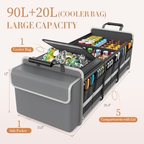 Large Trunk Organizer for SUV with Premium Portable Cooler Bag, Car Organizers and Storage with Foldable Cover, Collapsible Car Trunk Organizer for Truck, Adjustable Securing Straps, 90L+20L, Gray-C