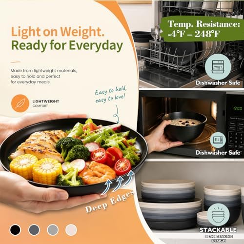Wrova Kitchen Plates and Bowls Sets 40PCS,Wheat Straw Dinnerware Sets for 8