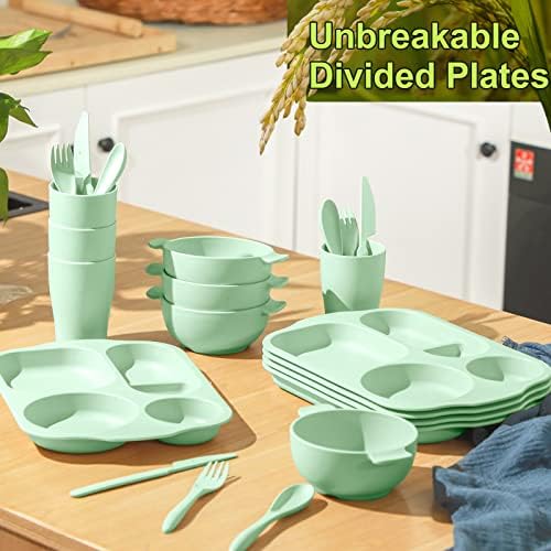 Honoson 24pcs Wheat Straw Dinnerware, Unbreakable, Green