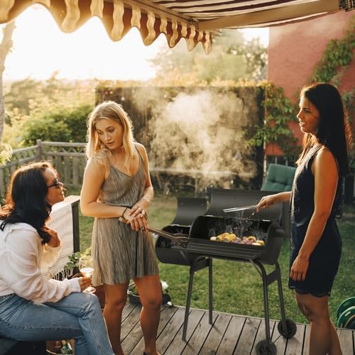 43.7" Portable Barrel Charcoal Grill,Metal Outdoor Barbecue Smoker,Heavy Duty Outdoor BBQ Grill,Vertical Camping Barbecue Grill,with Side Table & Wheels,for Garden Patio Beach Backyard (Black)