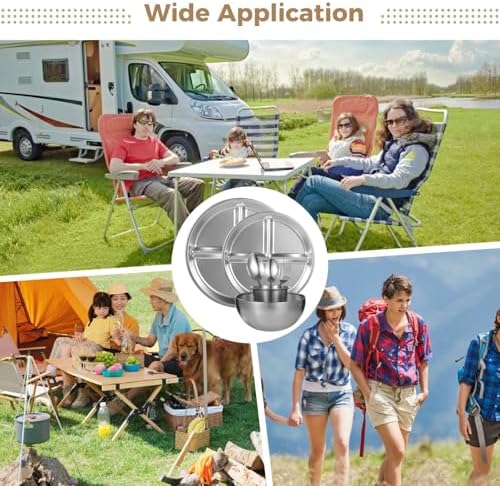 28-Piece Camping Dining Kit, Stainless Steel Outdoor Dinnerware Set with Plates, Bowls, Cups, Forks, and Spoons for Hiking and Picnics